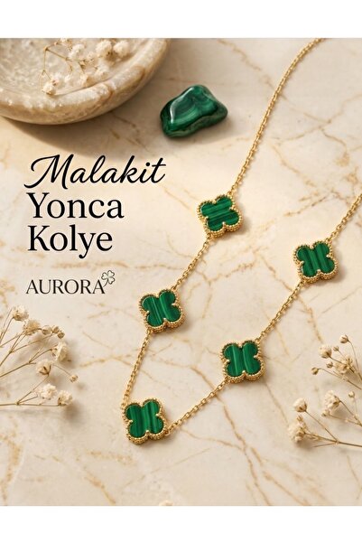 Genel Markalar AURORA Kadın Gold Malakit Taşlı 5'li Yonca Çelik Kolye