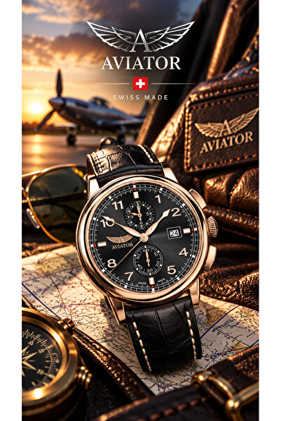 AVIATOR Brand V.2.45.2.406.4 Navy Blue Leather Strap 45 mm Chronograph Men's ...