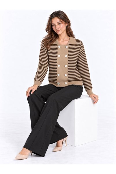 HIRA CO. Women's Striped Polo Collar Double Breasted Knitwear Jacket