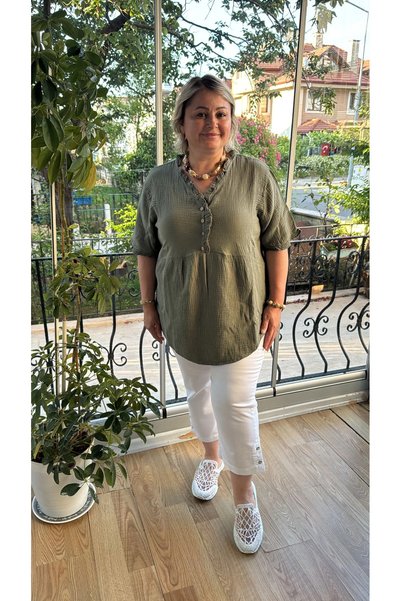 Celile Butik Kadın Büyük Beden %100 Pamuk Müslin Kumaş Salaş Bluz