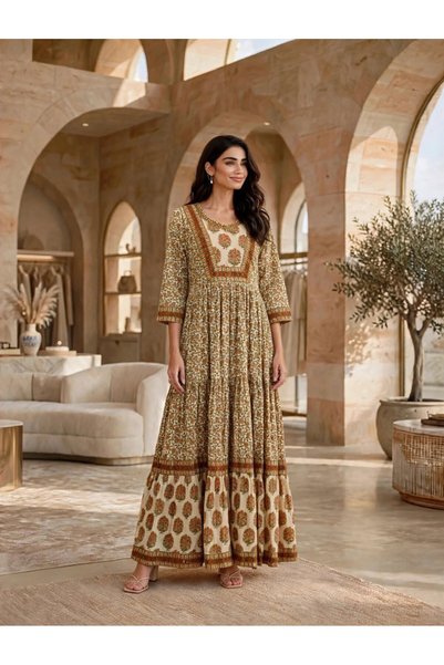 IKKXA Floral Block Print Tiered Jalabiya
