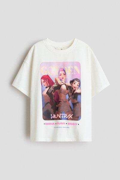 H&M Baskılı ve Pamuklu Tişört Bol kesim Jarse Beyaz KPop Demon Hunters