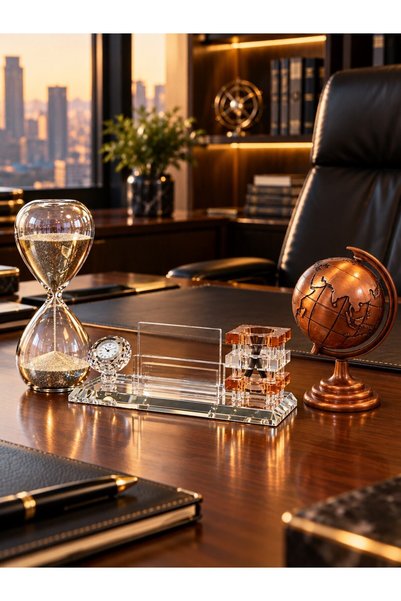 Kesene 3-Piece Office Desktop Set Brown Crystal Business Card Holder Bronze Earth Globe and Hourglass Gift Set