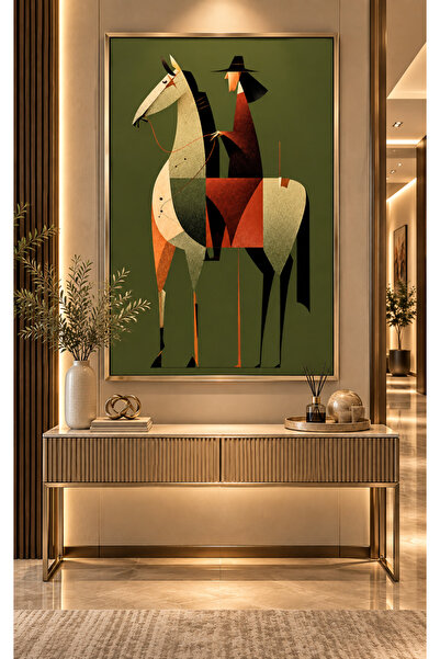 lawhat Modern Abstract Printed Horse and Rider Painting – Luxurious Oil and G...