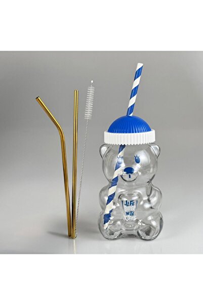 Pause Art Home كوب زجاجي سعة 500 مل مع مصاصة - غطاء أزرق + طقم مصاصة من الفول...