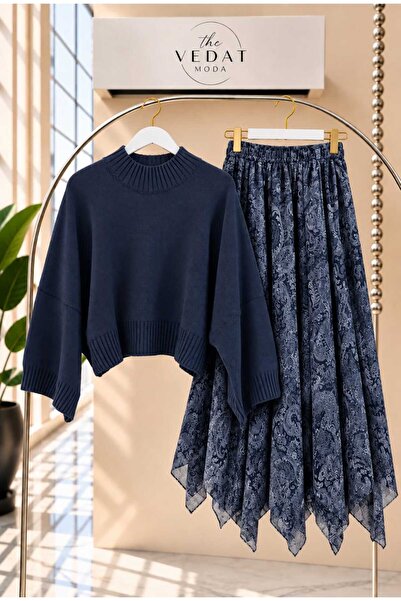 MODA VEDAT Kadın Oversize Triko Bluz - Asimetrik Kesim Tül Etekli Takım -0630