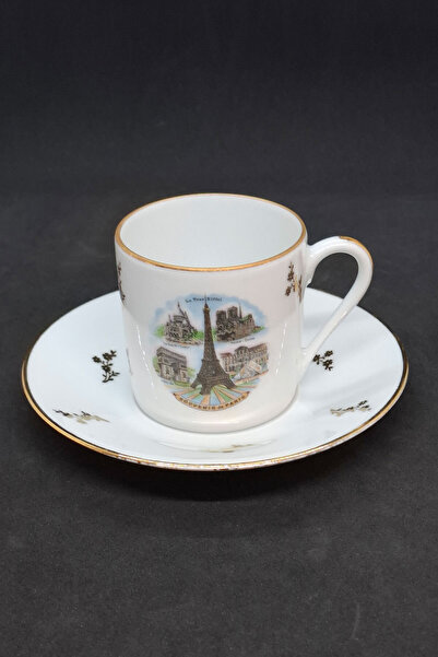 Fransız Limoges Imperia Porcelain Paris Souvenir Gold Embossed Coffee Cup 90 ml