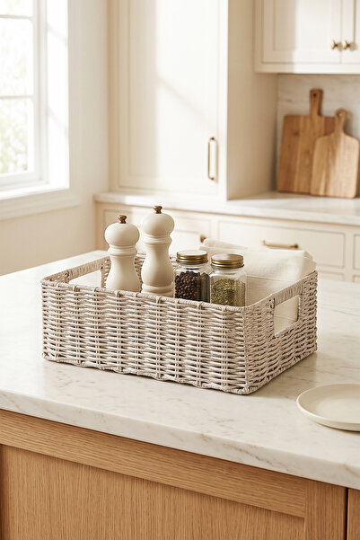 Ocean Home Textile Yıkanabilir Gri PP Rattan Dolap İçi Çamaşır Çocuk Odası Oyuncak Düzenleyici Saklama Sepeti Organizer 36x26x12