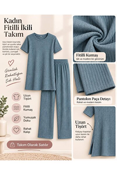 Çimen Spor Giyim Kadın Fitilli Kısa Kollu Rahat Pijama Ev Giyim Takımı
