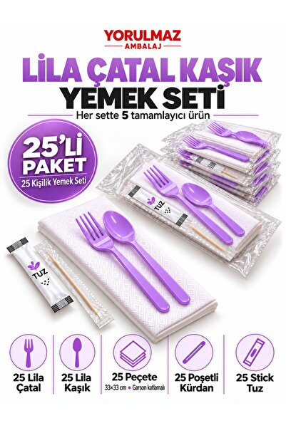 yorulmaz ambalaj Lüks Lila Çatal Kaşık Yemek Seti 25 Kişilik – 33×33 cm Garso...