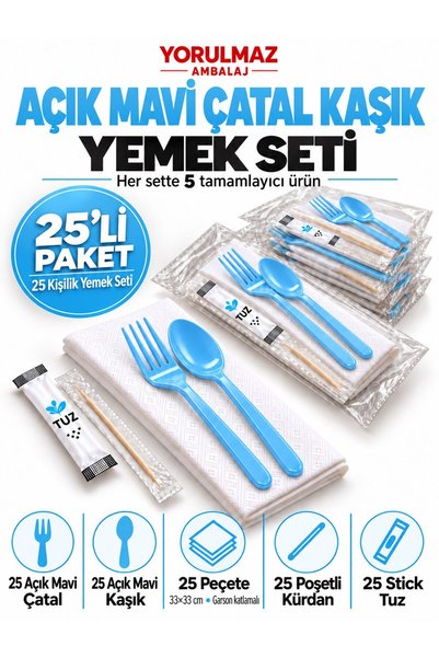 yorulmaz ambalaj Lüks Açık Mavi Çatal Kaşık Yemek Seti 25 Kişilik – 33×33 cm ...