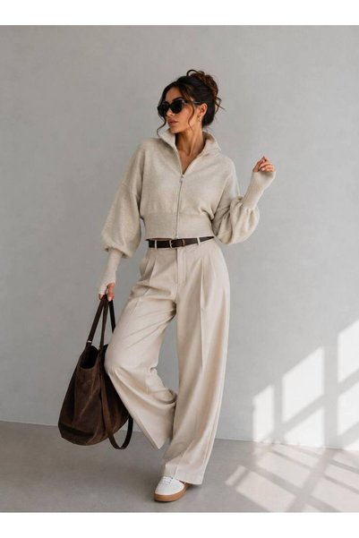 Burcia Sleeve Detailed Zippered Knitwear Cardigan
