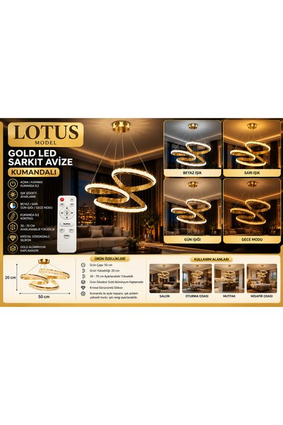 mubeda aydınlatma Lotus Model Gold LED Sarkıt Avize - 4 Renk Aydınlatma Seçen...