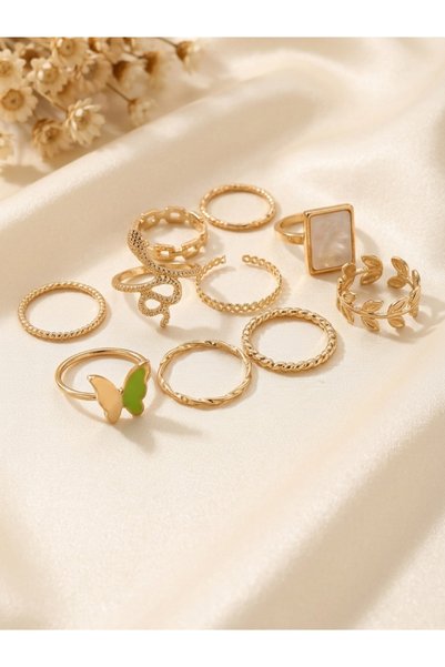 COCOSH TAKI Gold Color Multi Adjustable White Stone Ring Set