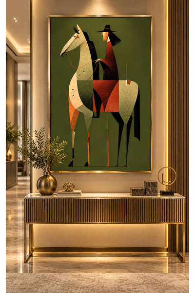 lawhat Modern Abstract Printed Horse and Rider Painting – Luxurious Oil and G...