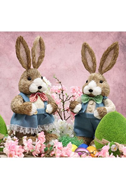 NO BRAND DECORAȚII IEPURAȘI DE PAȘTE 2 FIGURINE DIN PAIE FĂCUTE MANUAL 42 CM