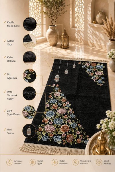 Altınoluk Haremia Micro Chenille Velvet Prayer Rug |   Lined Thick Textured F...