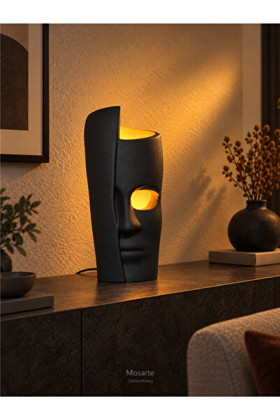 Mosarte Tek Yüz Form Heykelsi Amber LED Dekoratif Masa Lambası – El Yapımı, 3...