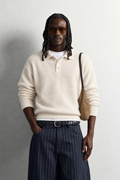 king brich Men's Polo Collar Buttoned Oversize Wool Blend Knitwear Sweater