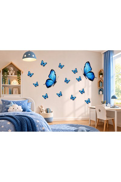 aiki 2 Büyük Mavi Yarım Kelebek, Çocuk Odası, Cam, Duvar Sticker; 50 x 100 cm