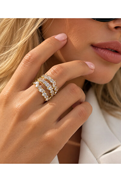 POSEİDONS JEWELLERY Gold Renk Zirkon Taşlı SWA Tarz Çok Sıralı Gösterişli Kad...