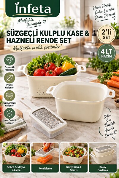 İnfeta 2-Piece 4 Lt Bowl with Strainer and Handle, Grater Set with Container,...