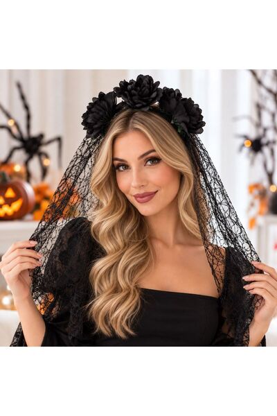 OEM Coronita Par Deghizare Neagra Trandafiri Dantela Lunga 90cm