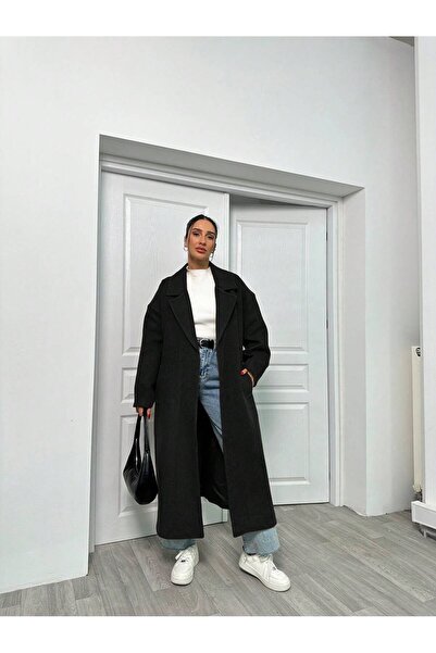 feme clothing معطف نسائي طويل بحزام وتفاصيل جيوب مبطنة، مصنوع من قماش الكاشي ...