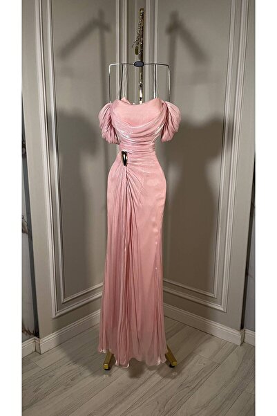 Boutique 219 فستان سهرة شيفون لمعه وردي درابيه، مكشوف الأكتاف بأكمام منتفخة، ...