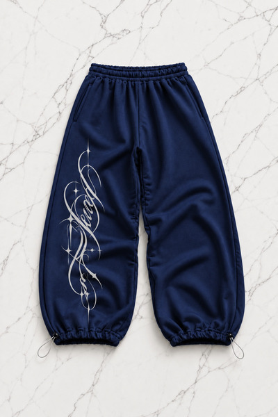 Gofeel Navy Blue Feved Printed Baggy Unisex Sweatpants