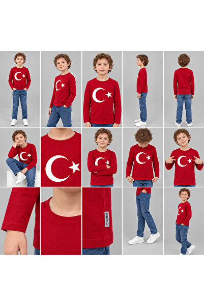 29 ekim, 23nisan gösteri kırmızı ay yıldız baskılı kız erkek çocuk saten uzun kollu tişört 4-14yaşları