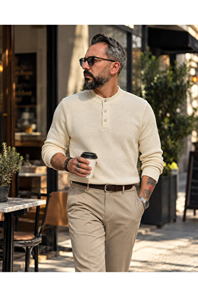 higo Erkek Old Money Henley Yaka 3 Düğmeli Triko Kazak