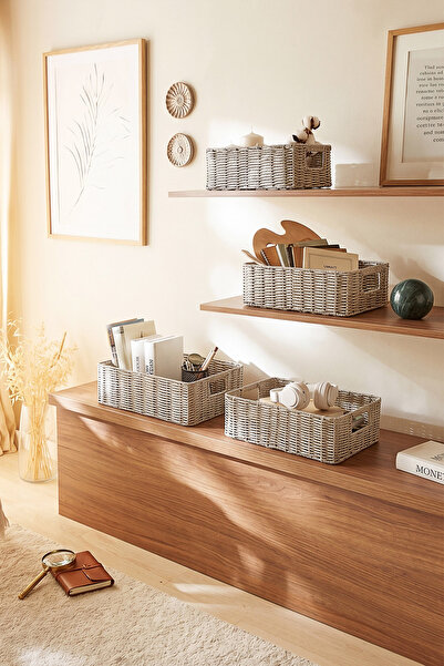 Ocean Home Textile 4'lü Yıkanabilir Gri PP Rattan Dolap İçi Çamaşır Çocuk Odası Oyuncak Düzenleyici Saklama Sepeti Organizer