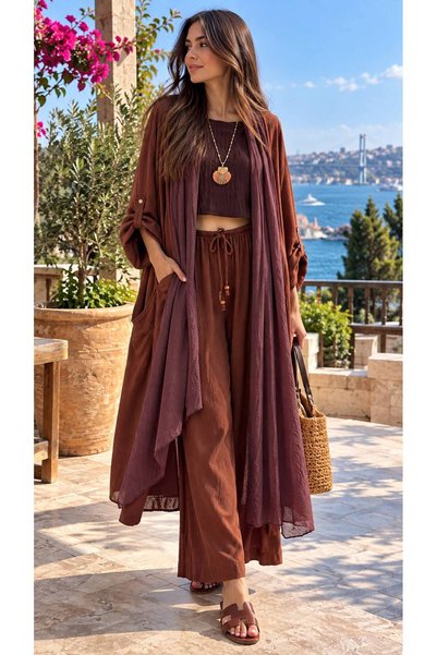 Genel Markalar Kadın Vizon 3’lü Kimono Crop Bluz Geniş Paça Pantolon Takım