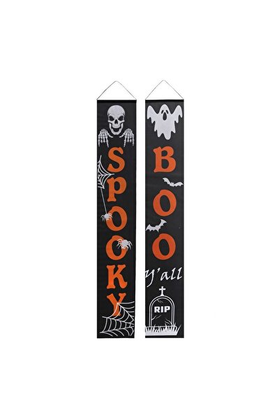 OEM Banner de Halloween Negru "Spooky" cu Schelet "Boo" Fantoma 30x180cm - 2buc