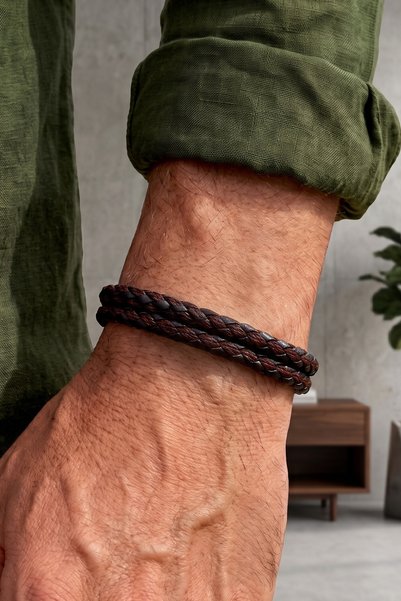 Solfera Silver Color Clip Double Coffee Black Braided Leather Men's Bracelet ...