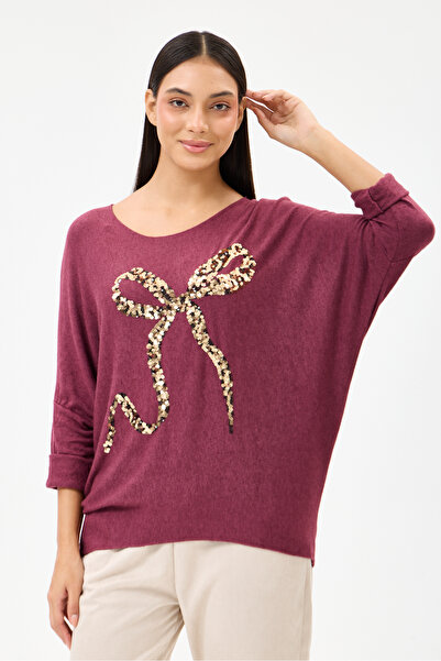 della moor Women's Burgundy Italian Ribbon Pattern Sequined Lycra Oversize Kn...