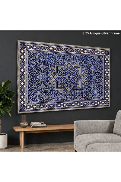 Mavi Fas Tarzı Geometrik Çini Mozaiği Kanvas Tablo - L35 Eskitme Gümüş
