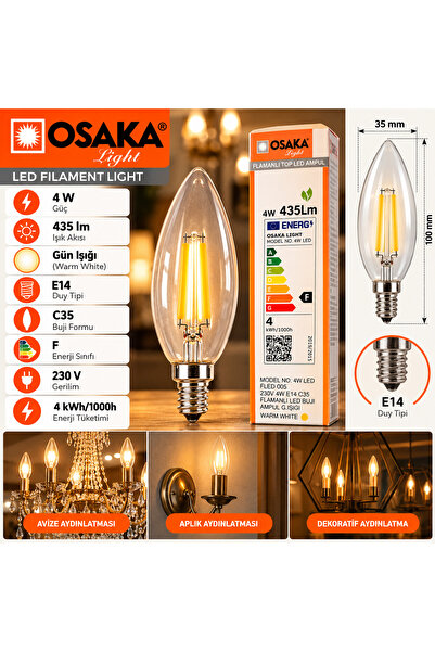 Light FLED 005 Filament LED Buji Ampul 4W E14 C35 435 Lümen Günışığı