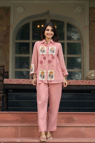 PRIYA'S PANACHE Premium Cotton Co-Ord Set for Women with Floral Embroidery & ...
