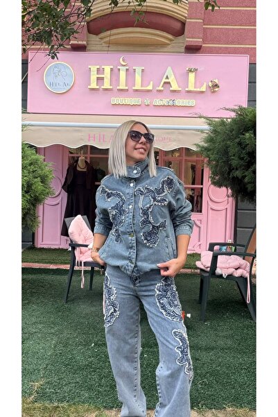 Taşlı İşlemeli Premium Denim Ceket Pantolon Takım