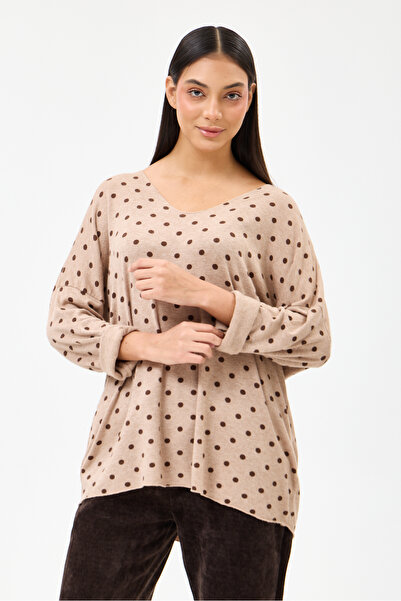 della moor Women's Camel Italian Polka Dot Patterned Lycra Knitwear Sweater 4...