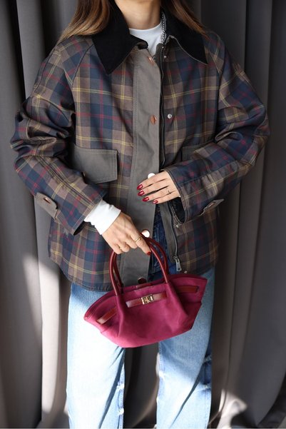 manana fashion Kadife Yakalı Ekoseli Tasarım Ceket