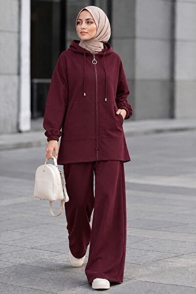 Neva Style Kapüşonlu Fermuarlı Oysho Kumaş Vişne Tesettür Pantolon Takım 3134VSN