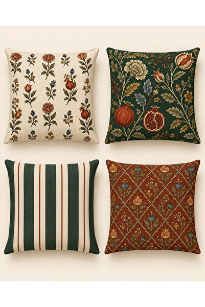 Tilda BSC. & Home Throw Pillow Cover Heritage Botanical Set of 4, Vintage Decorative Pillow Covers with Pomegranate and Floral Patterns