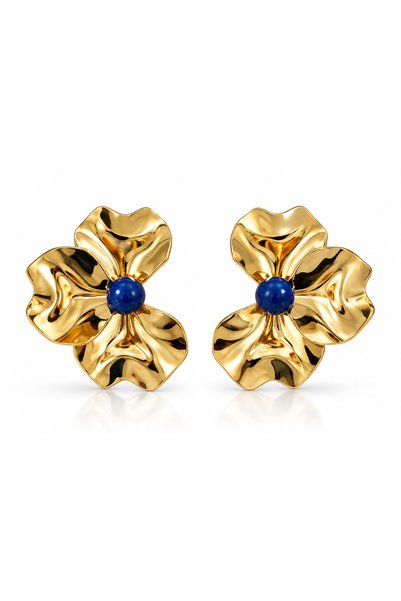 POSEİDONS JEWELLERY Gold Flower Figured Blue Stone Earrings – Large Flower De...