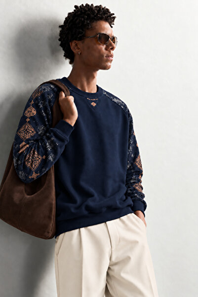 king brich Erkek Kolu Etnik Desen Baskılı Bisiklet Yaka Oversize Sweatshirt
