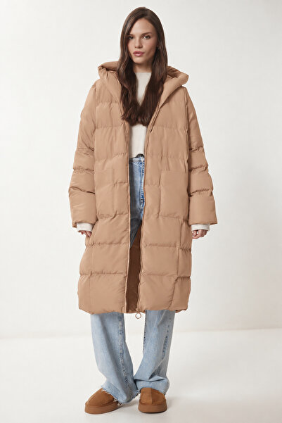 Lovelyİstanbul Hooded Oversize Long Puffer Coat Lnt0001 Camel