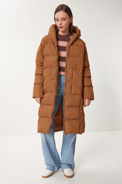 Lovelyİstanbul Hooded Oversize Long Puffer Coat Lnt0001 Taba