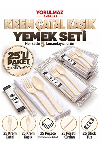 yorulmaz ambalaj Lüks Krem Çatal Kaşık Yemek Seti 25 Kişilik – 33×33 cm Garso...